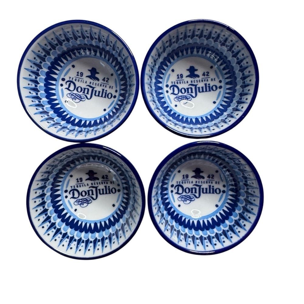 Set of Four Don Julio Small Blue White Salsa Bowls Hand Painted